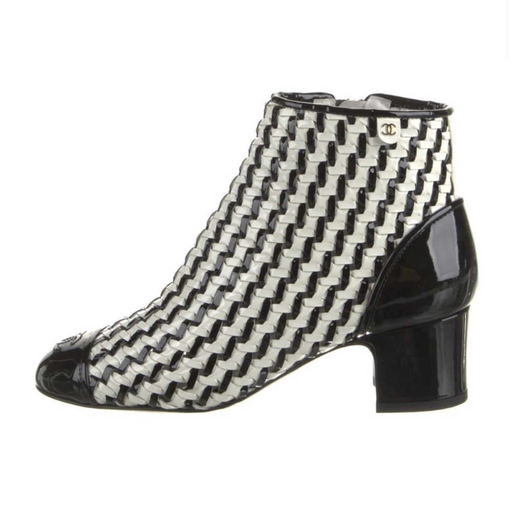 CHANEL Woven Black and White Ankle Boots